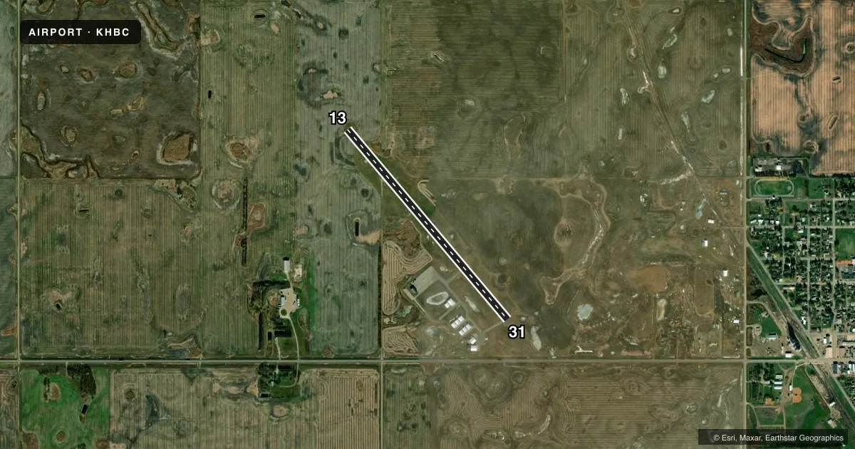 Top-down satellite sketch of KHBC MOHALL MUNI in MOHALL, NORTH DAKOTA, showing runways 13/31 drawn to scale over Esri World Imagery