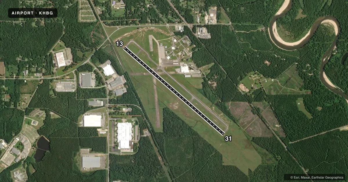 Top-down satellite sketch of KHBG HATTIESBURG BOBBY L CHAIN MUNI in HATTIESBURG, MISSISSIPPI, showing runways 13/31 drawn to scale over Esri World Imagery