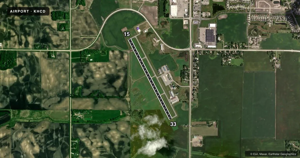 Top-down satellite sketch of KHCD HUTCHINSON MUNI/BUTLER FLD in HUTCHINSON, MINNESOTA, showing runways 15/33 drawn to scale over Esri World Imagery