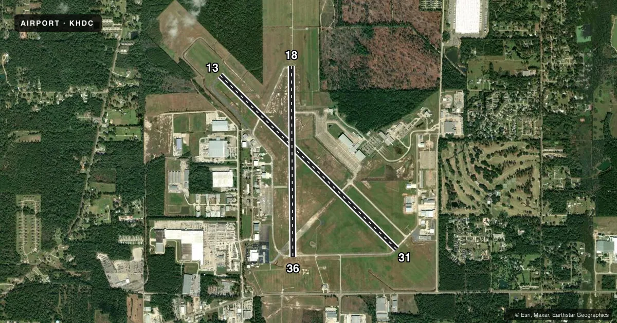 Top-down satellite sketch of KHDC HAMMOND NORTHSHORE RGNL in HAMMOND, LOUISIANA, showing runways 13/31, 18/36 drawn to scale over Esri World Imagery