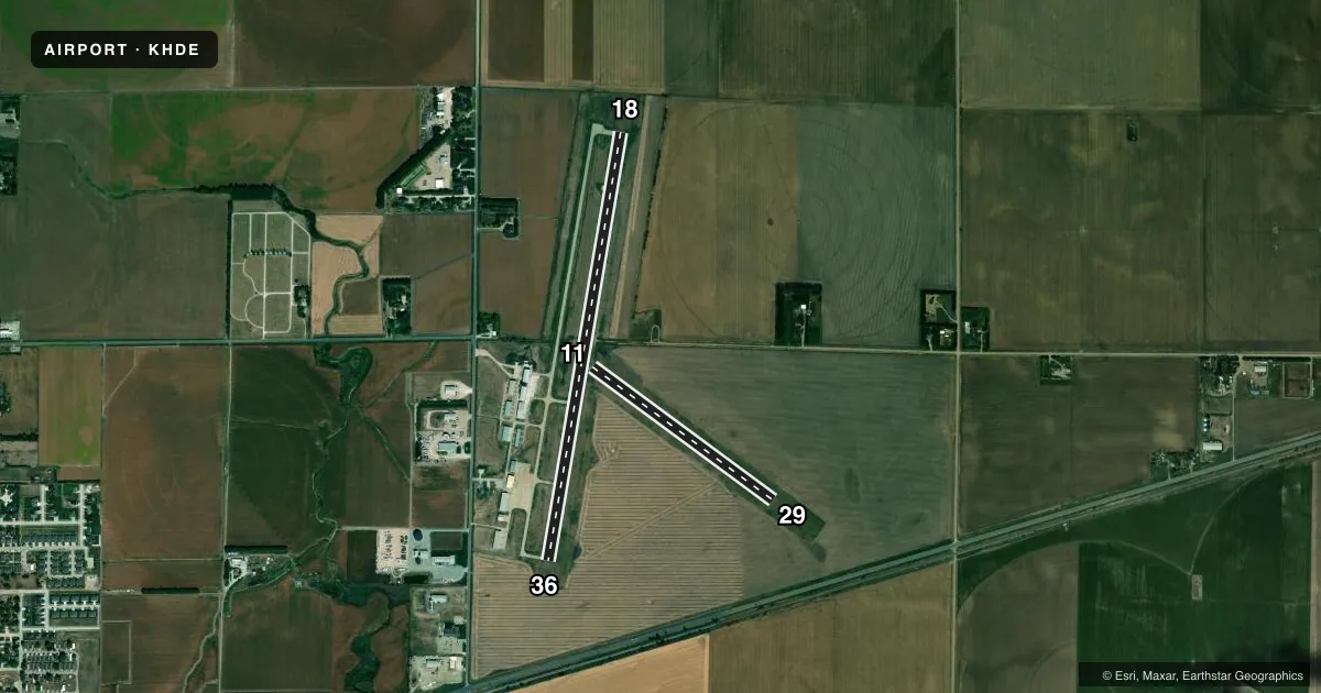 Top-down satellite sketch of KHDE BREWSTER FLD in HOLDREGE, NEBRASKA, showing runways 18/36, 11/29 drawn to scale over Esri World Imagery