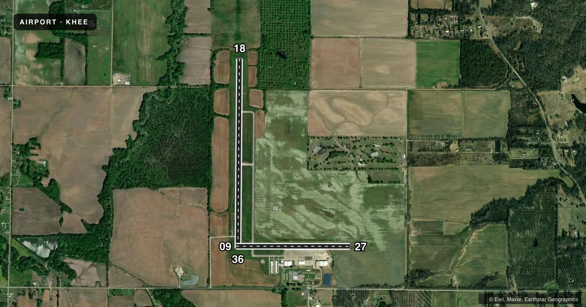 Top-down satellite sketch of KHEE THOMPSON-ROBBINS in HELENA/WEST HELENA, ARKANSAS, showing runways 18/36, 09/27 drawn to scale over Esri World Imagery