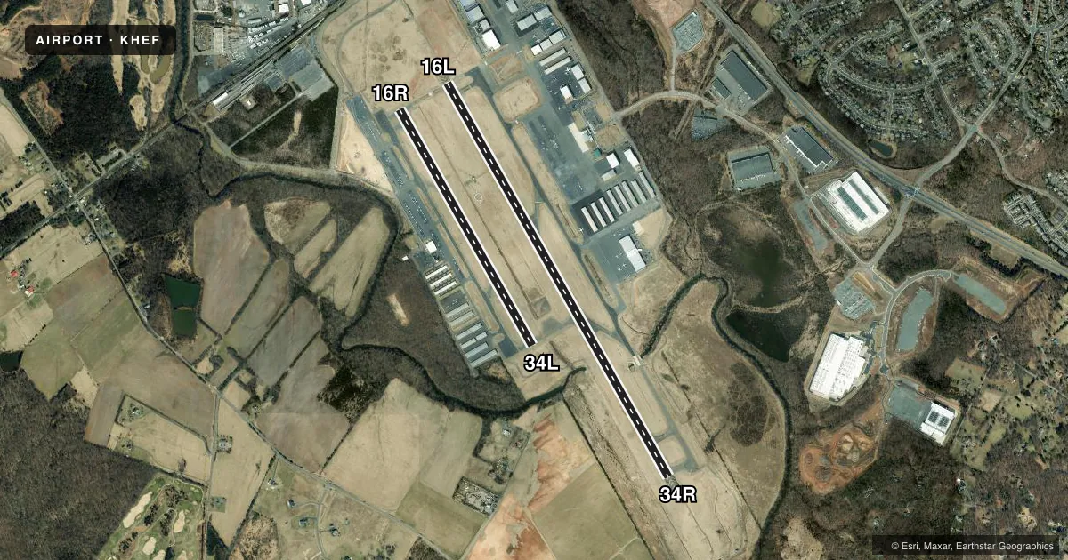 Top-down satellite sketch of KHEF MANASSAS RGNL/HARRY P DAVIS FLD in WASHINGTON, DIST. OF COLUMBIA, showing runways 16L/34R, 16R/34L drawn to scale over Esri World Imagery