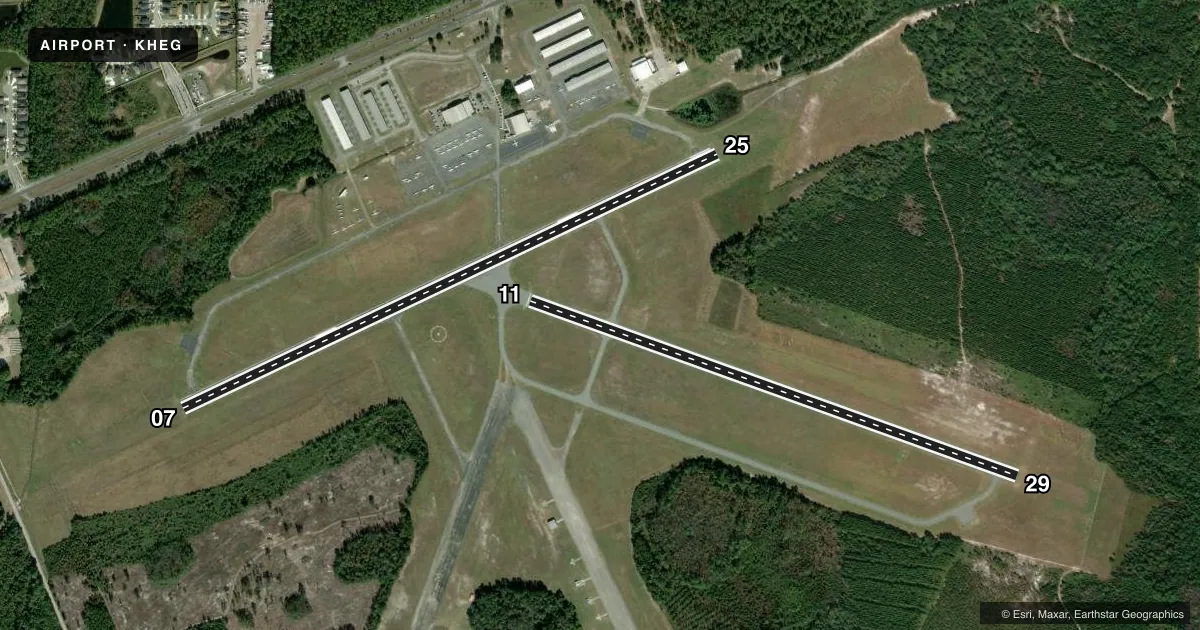 Top-down satellite sketch of KHEG HERLONG RECREATIONAL in JACKSONVILLE, FLORIDA, showing runways 07/25, 11/29 drawn to scale over Esri World Imagery