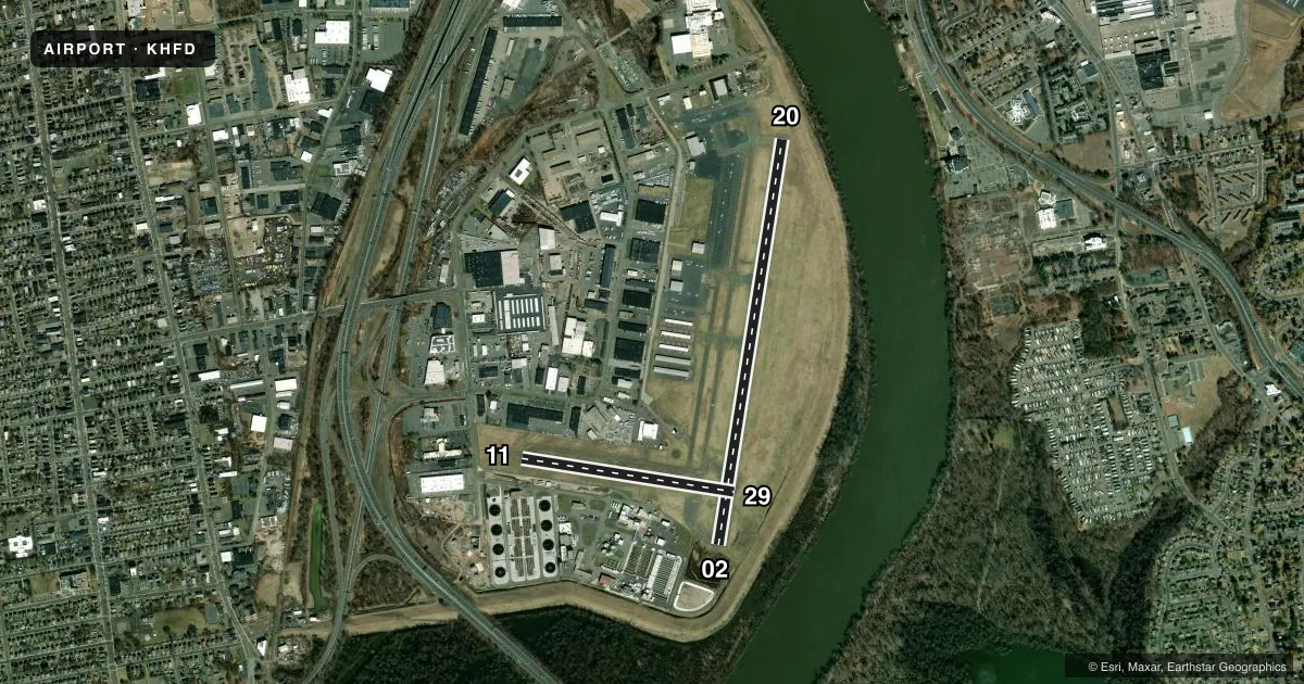 Top-down satellite sketch of KHFD HARTFORD-BRAINARD in HARTFORD, CONNECTICUT, showing runways 02/20, 11/29 drawn to scale over Esri World Imagery