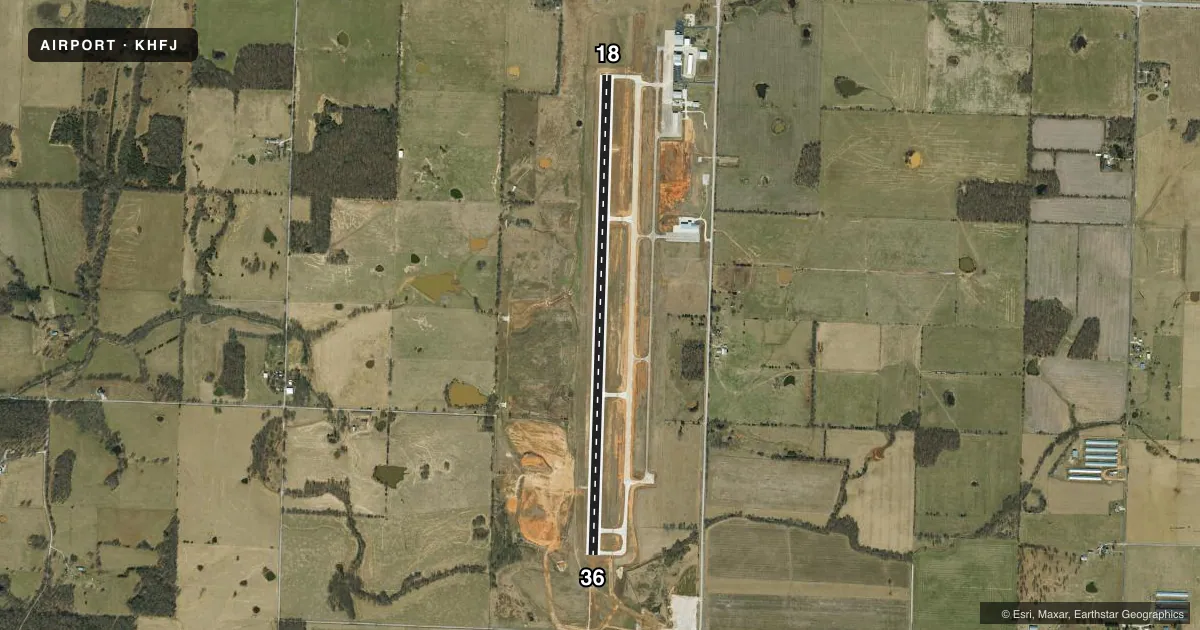 Top-down satellite sketch of KHFJ MONETT RGNL in MONETT, MISSOURI, showing runways 18/36 drawn to scale over Esri World Imagery