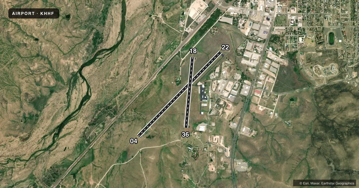 Top-down satellite sketch of KHHF HEMPHILL COUNTY in CANADIAN, TEXAS, showing runways 04/22, 18/36 drawn to scale over Esri World Imagery