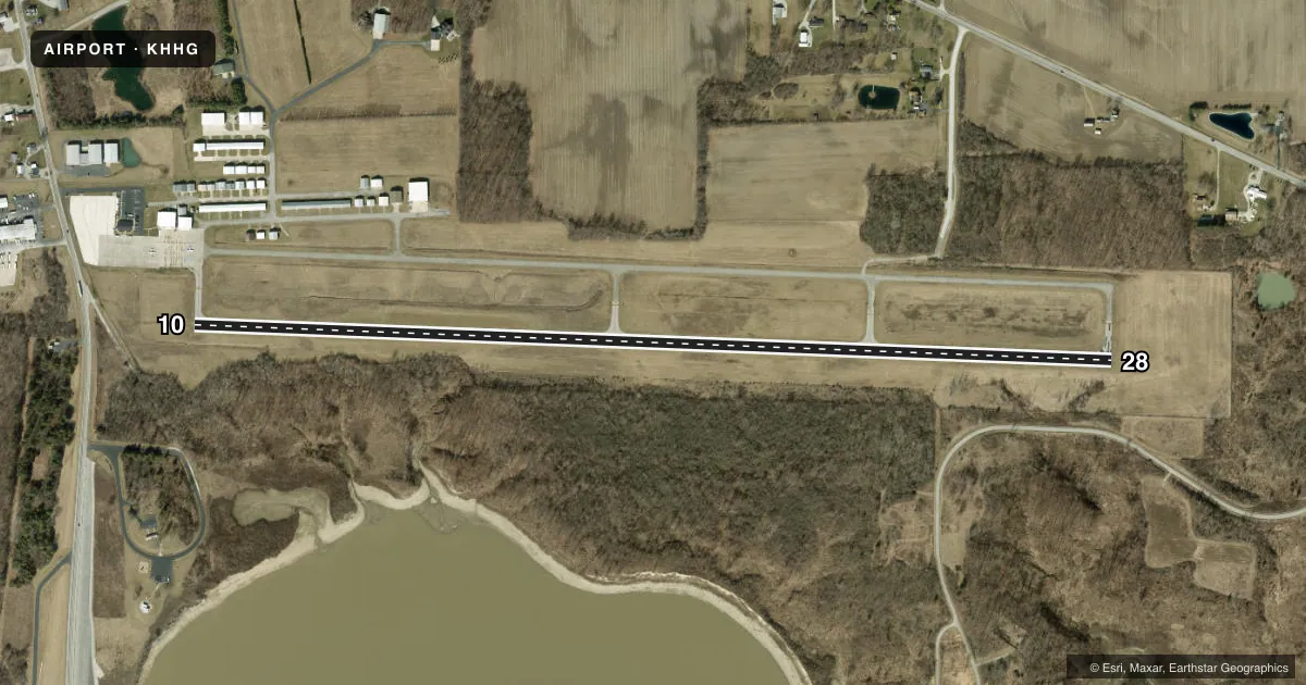 Top-down satellite sketch of KHHG HUNTINGTON MUNI in HUNTINGTON, INDIANA, showing runways 10/28 drawn to scale over Esri World Imagery