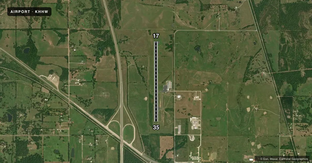 Top-down satellite sketch of KHHW STAN STAMPER MUNI in HUGO, OKLAHOMA, showing runways 17/35 drawn to scale over Esri World Imagery