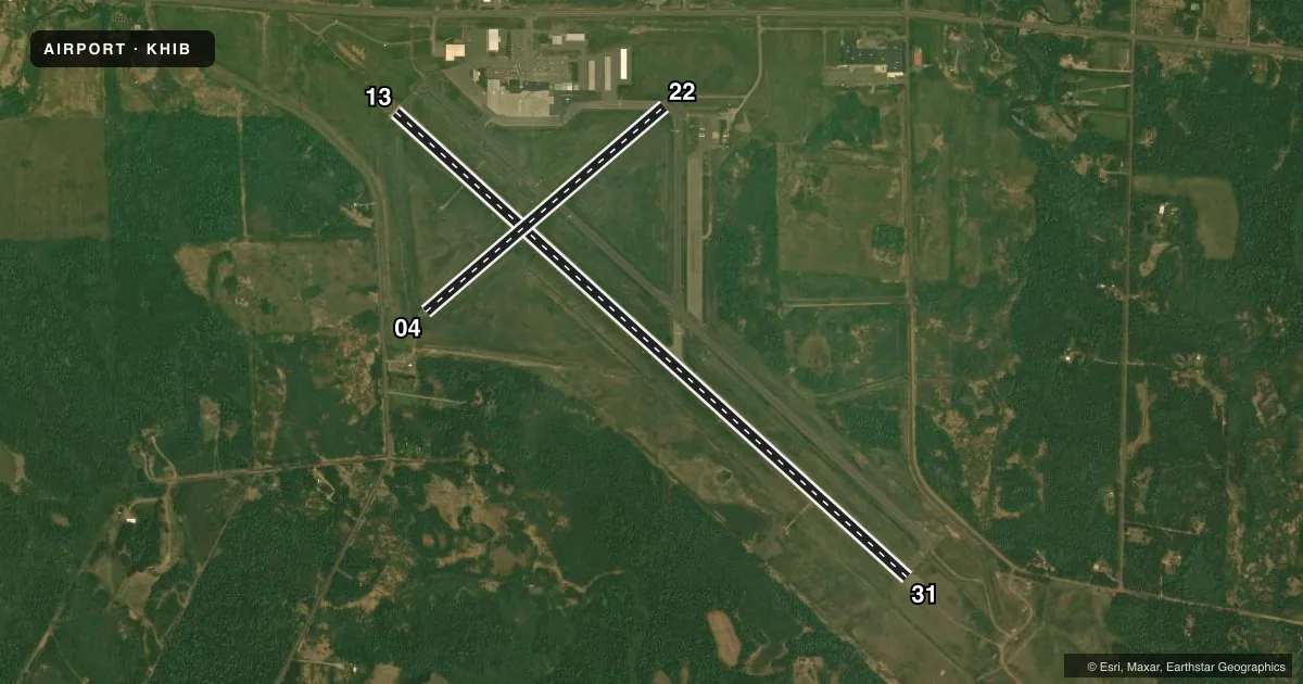 Top-down satellite sketch of KHIB RANGE RGNL in HIBBING, MINNESOTA, showing runways 13/31, 04/22 drawn to scale over Esri World Imagery