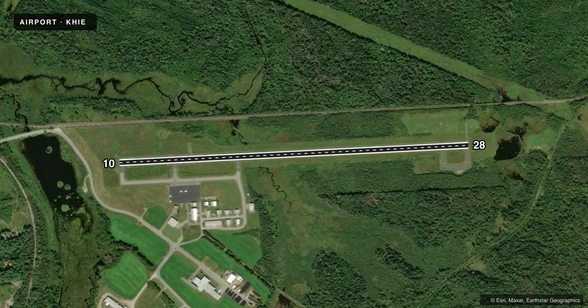 Top-down satellite sketch of KHIE MOUNT WASHINGTON RGNL in WHITEFIELD, NEW HAMPSHIRE, showing runways 10/28 drawn to scale over Esri World Imagery