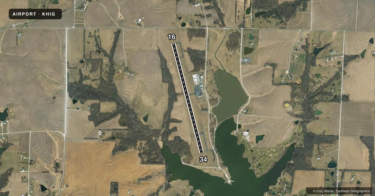 Top-down satellite sketch of KHIG HIGGINSVILLE INDUSTRIAL MUNI in HIGGINSVILLE, MISSOURI, showing runways 16/34 drawn to scale over Esri World Imagery