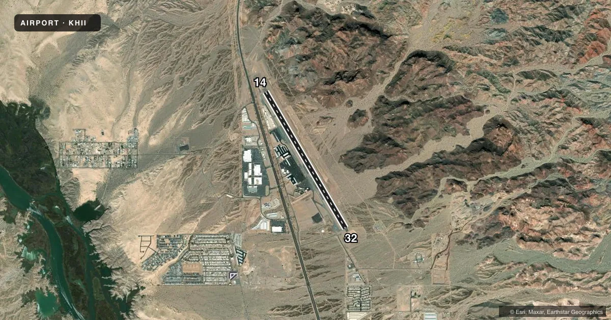 Top-down satellite sketch of KHII LAKE HAVASU CITY in LAKE HAVASU CITY, ARIZONA, showing runways 14/32 drawn to scale over Esri World Imagery