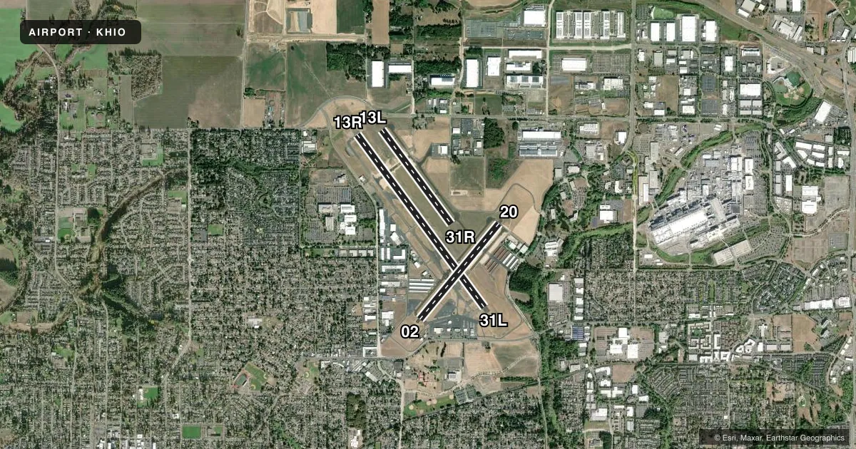 Top-down satellite sketch of KHIO PORTLAND-HILLSBORO in PORTLAND, OREGON, showing runways 13R/31L, 02/20, 13L/31R drawn to scale over Esri World Imagery