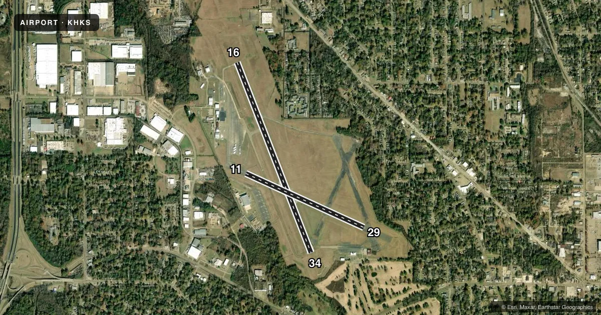 Top-down satellite sketch of KHKS HAWKINS FLD in JACKSON, MISSISSIPPI, showing runways 16/34, 11/29 drawn to scale over Esri World Imagery