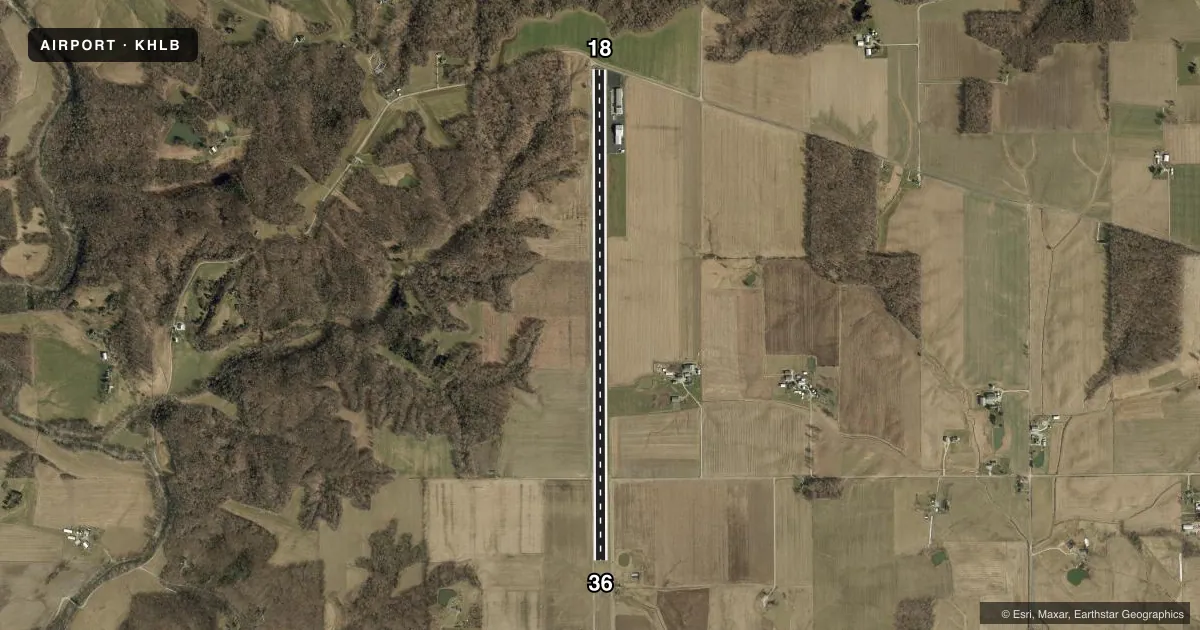 Top-down satellite sketch of KHLB BATESVILLE in BATESVILLE, INDIANA, showing runways 18/36 drawn to scale over Esri World Imagery