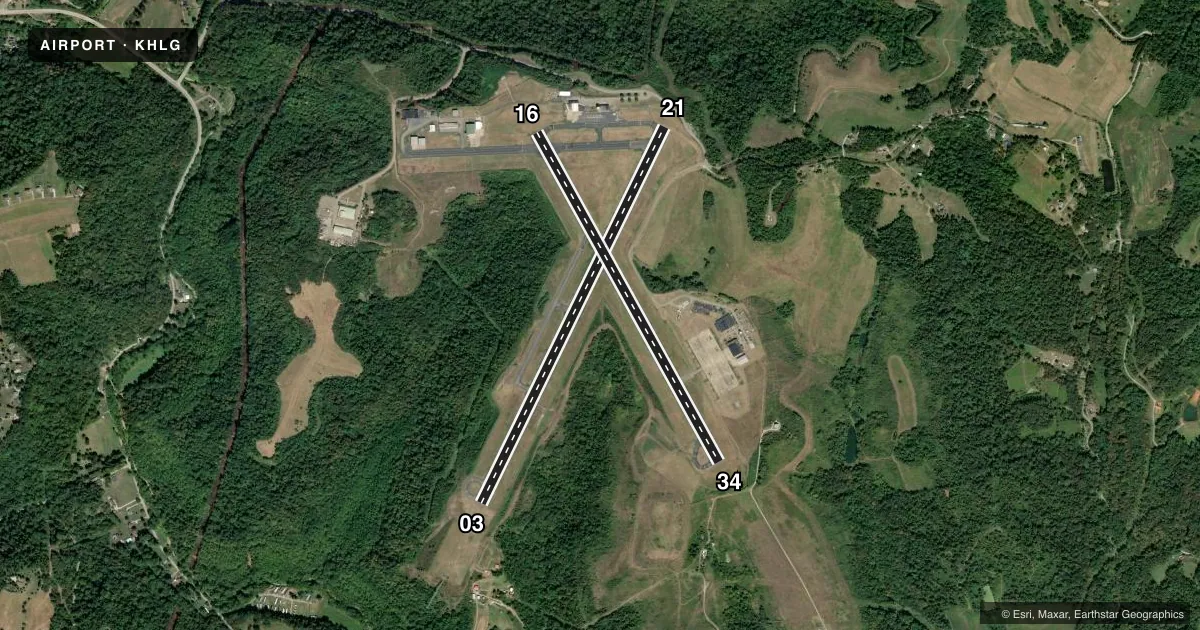 Top-down satellite sketch of KHLG WHEELING OHIO COUNTY in WHEELING, WEST VIRGINIA, showing runways 03/21, 16/34 drawn to scale over Esri World Imagery