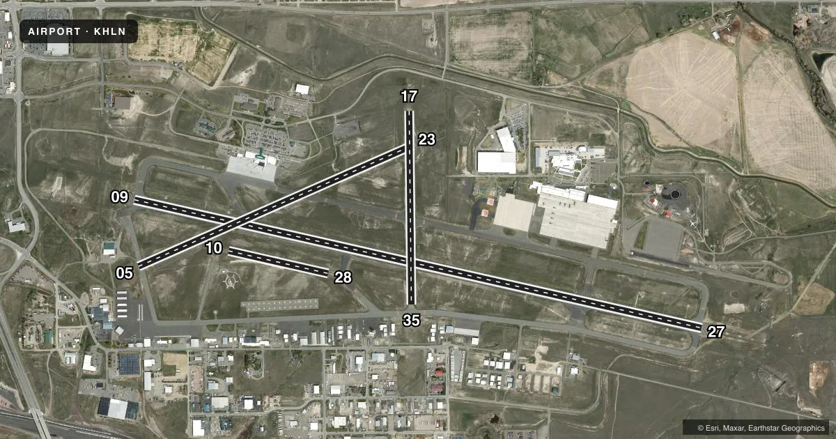 Top-down satellite sketch of KHLN HELENA RGNL in HELENA, MONTANA, showing runways 09/27, 05/23, 17/35, 10/28 drawn to scale over Esri World Imagery