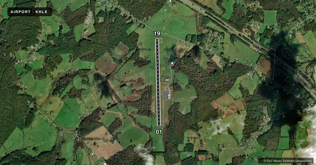 Top-down satellite sketch of KHLX TWIN COUNTY in GALAX HILLSVILLE, VIRGINIA, showing runways 01/19 drawn to scale over Esri World Imagery