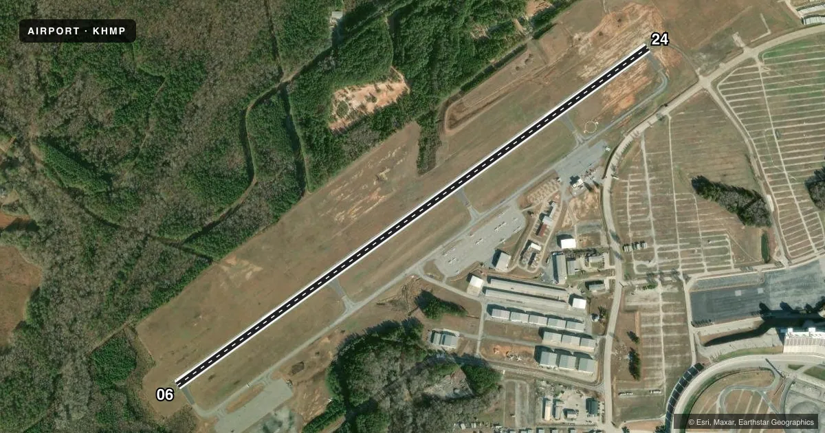 Top-down satellite sketch of KHMP ATLANTA SPEEDWAY in ATLANTA, GEORGIA, showing runways 06/24 drawn to scale over Esri World Imagery