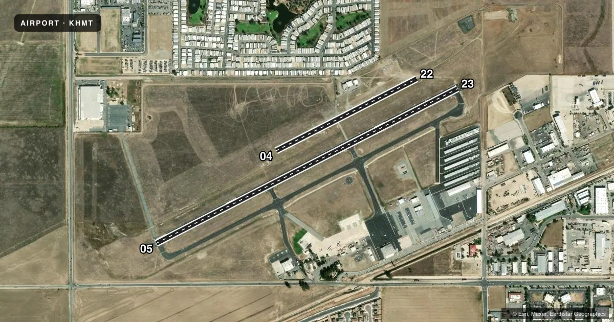 Top-down satellite sketch of KHMT HEMET-RYAN in HEMET, CALIFORNIA, showing runways 05/23, 04/22 drawn to scale over Esri World Imagery