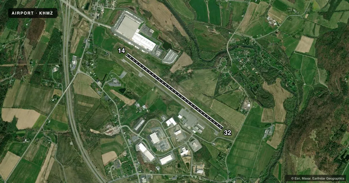 Top-down satellite sketch of KHMZ BEDFORD COUNTY in BEDFORD, PENNSYLVANIA, showing runways 14/32 drawn to scale over Esri World Imagery