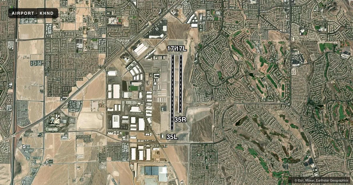 Top-down satellite sketch of KHND HENDERSON EXEC in LAS VEGAS, NEVADA, showing runways 17R/35L, 17L/35R drawn to scale over Esri World Imagery