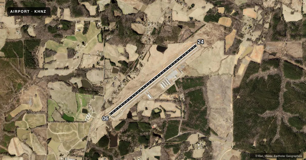 Top-down satellite sketch of KHNZ HENDERSON/OXFORD in OXFORD, NORTH CAROLINA, showing runways 06/24 drawn to scale over Esri World Imagery