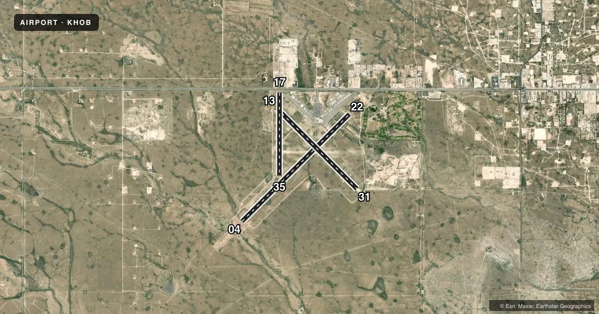 Top-down satellite sketch of KHOB LEA COUNTY RGNL in HOBBS, NEW MEXICO, showing runways 04/22, 13/31, 17/35 drawn to scale over Esri World Imagery