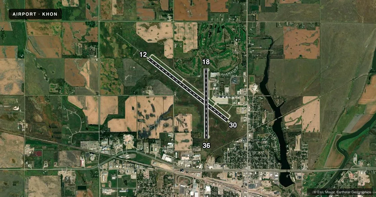 Top-down satellite sketch of KHON HURON RGNL in HURON, SOUTH DAKOTA, showing runways 12/30, 18/36 drawn to scale over Esri World Imagery