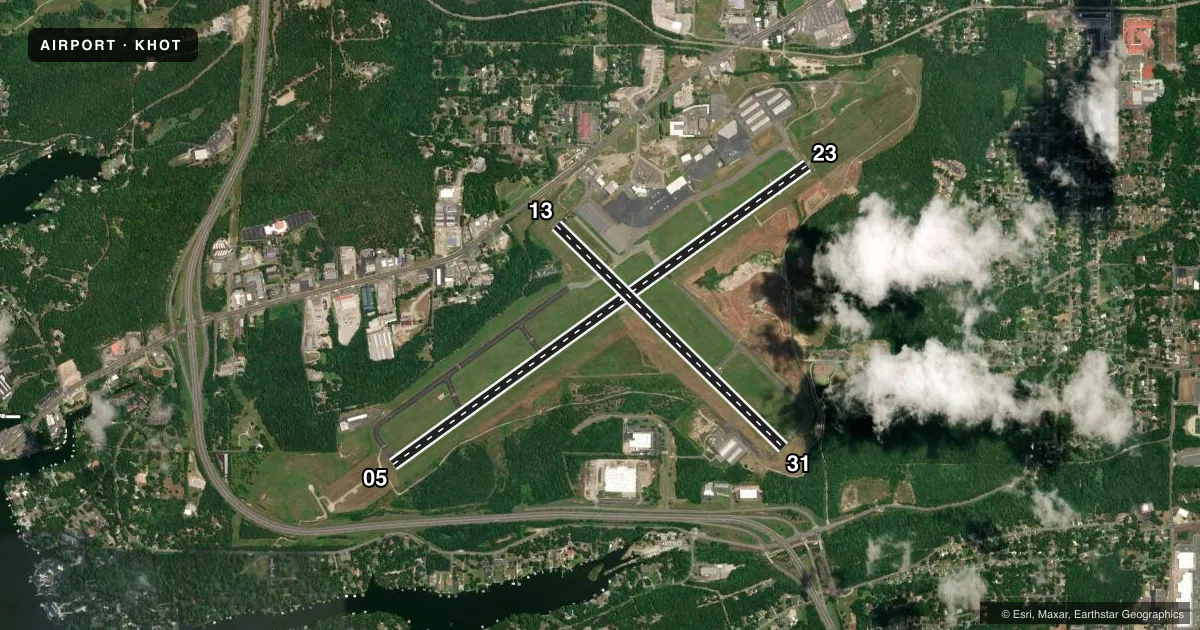 Top-down satellite sketch of KHOT MEML FLD in HOT SPRINGS, ARKANSAS, showing runways 05/23, 13/31 drawn to scale over Esri World Imagery