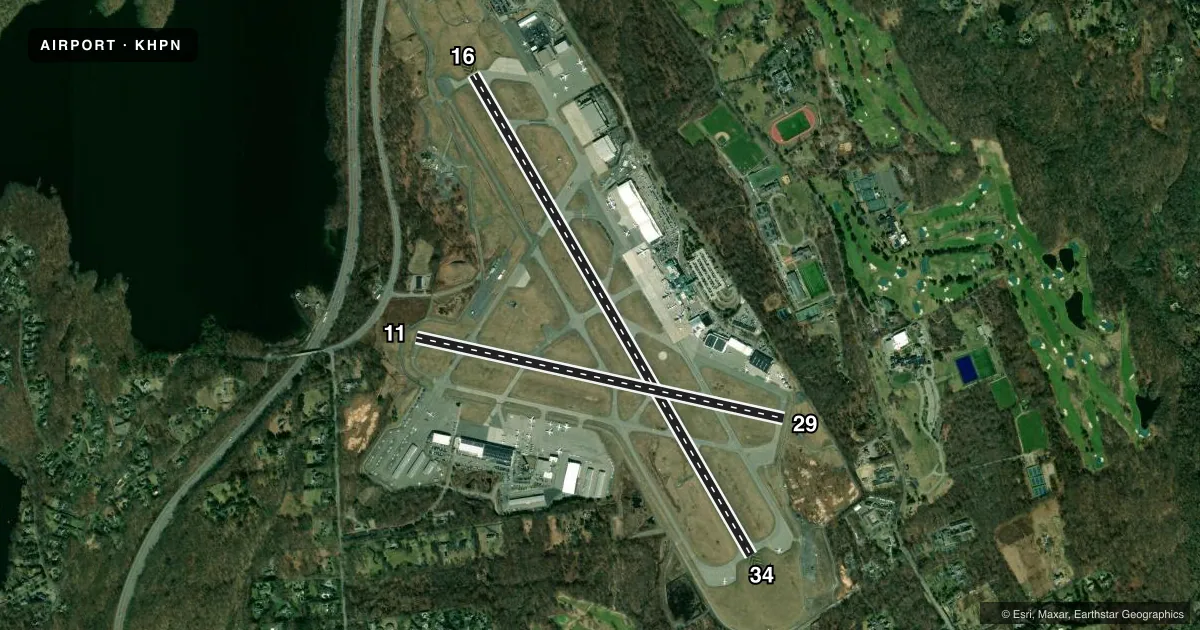 Top-down satellite sketch of KHPN WESTCHESTER COUNTY in WHITE PLAINS, NEW YORK, showing runways 16/34, 11/29 drawn to scale over Esri World Imagery
