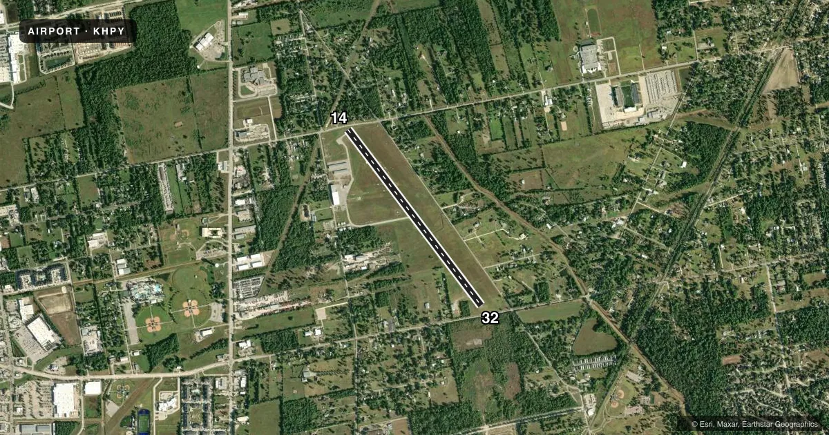 Top-down satellite sketch of KHPY BAYTOWN in BAYTOWN, TEXAS, showing runways 14/32 drawn to scale over Esri World Imagery