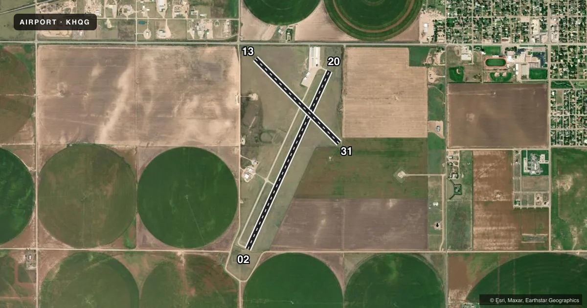 Top-down satellite sketch of KHQG HUGOTON MUNI in HUGOTON, KANSAS, showing runways 02/20, 13/31 drawn to scale over Esri World Imagery