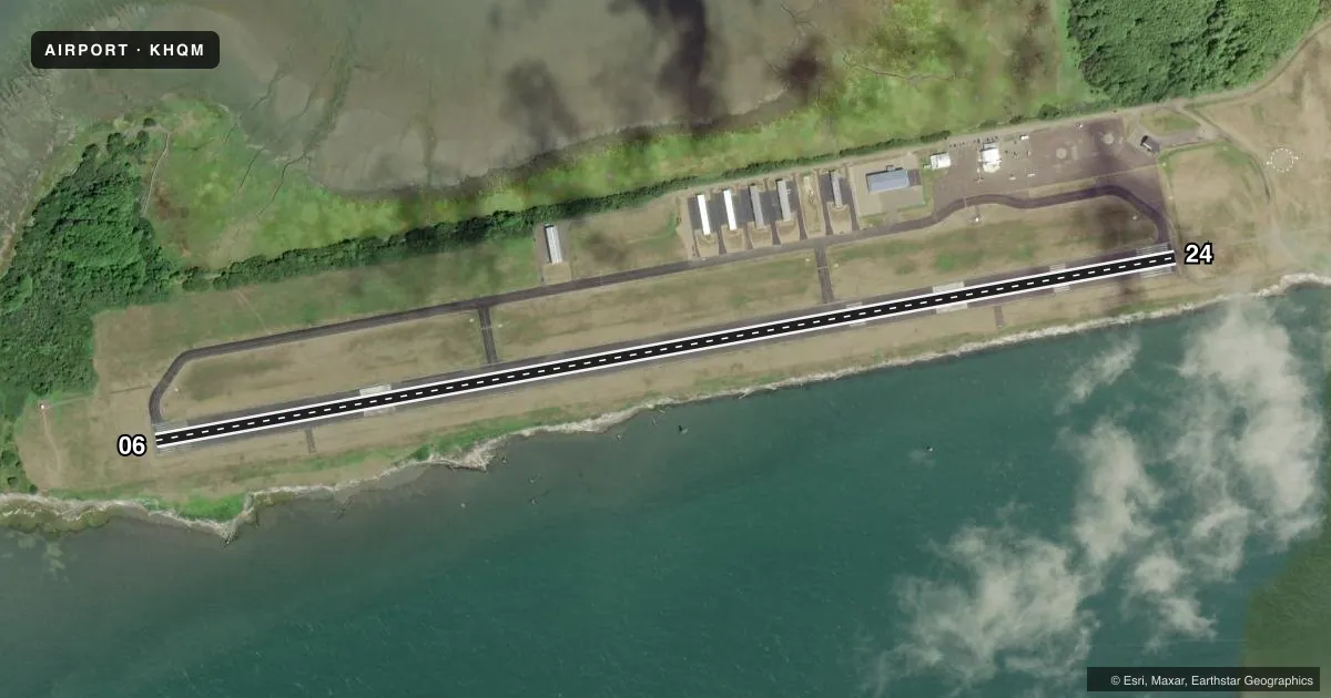 Top-down satellite sketch of KHQM BOWERMAN FLD in HOQUIAM, WASHINGTON, showing runways 06/24 drawn to scale over Esri World Imagery