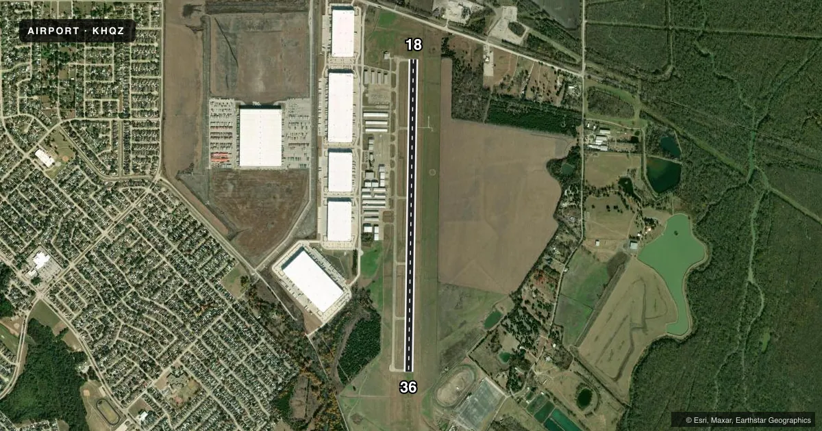 Top-down satellite sketch of KHQZ MESQUITE METRO in MESQUITE, TEXAS, showing runways 18/36 drawn to scale over Esri World Imagery