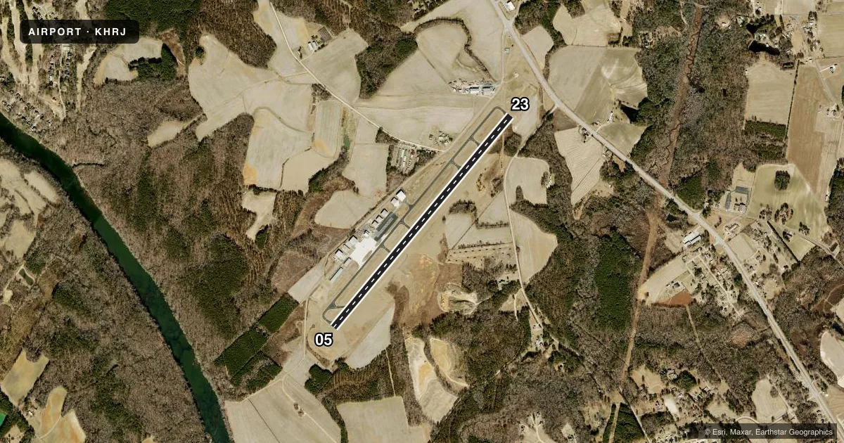 Top-down satellite sketch of KHRJ HARNETT RGNL JETPORT in ERWIN, NORTH CAROLINA, showing runways 05/23 drawn to scale over Esri World Imagery