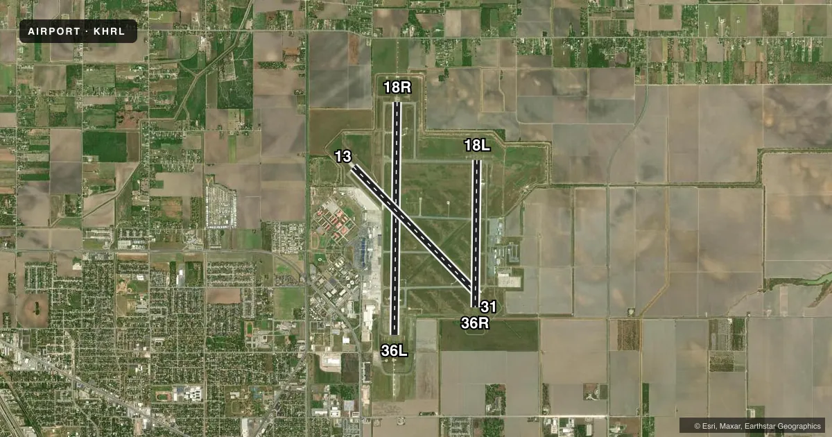 Top-down satellite sketch of KHRL VALLEY INTL in HARLINGEN, TEXAS, showing runways 18R/36L, 13/31, 18L/36R drawn to scale over Esri World Imagery
