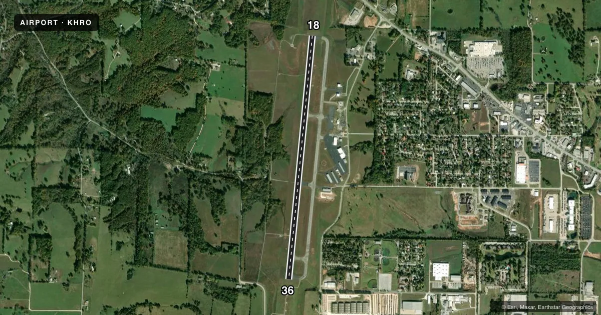 Top-down satellite sketch of KHRO BOONE COUNTY in HARRISON, ARKANSAS, showing runways 18/36 drawn to scale over Esri World Imagery