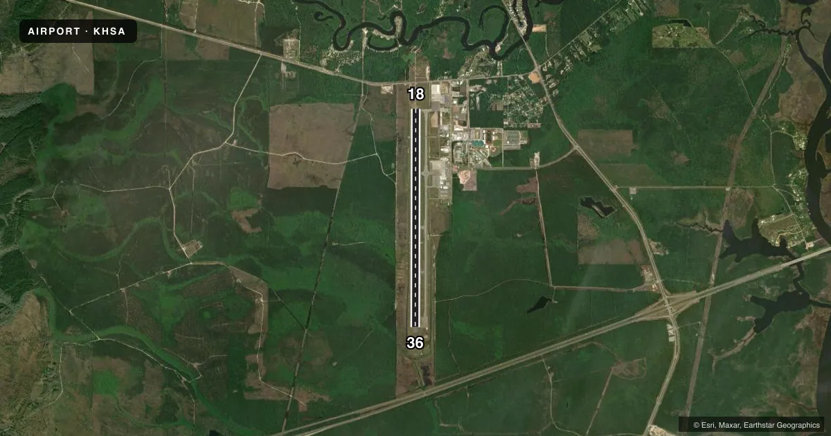 Top-down satellite sketch of KHSA STENNIS INTL in BAY ST LOUIS, MISSISSIPPI, showing runways 18/36 drawn to scale over Esri World Imagery