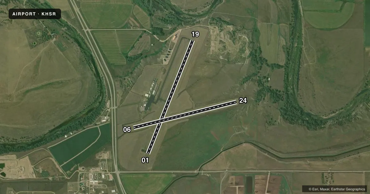 Top-down satellite sketch of KHSR HOT SPRINGS MUNI in HOT SPRINGS, SOUTH DAKOTA, showing runways 01/19, 06/24 drawn to scale over Esri World Imagery