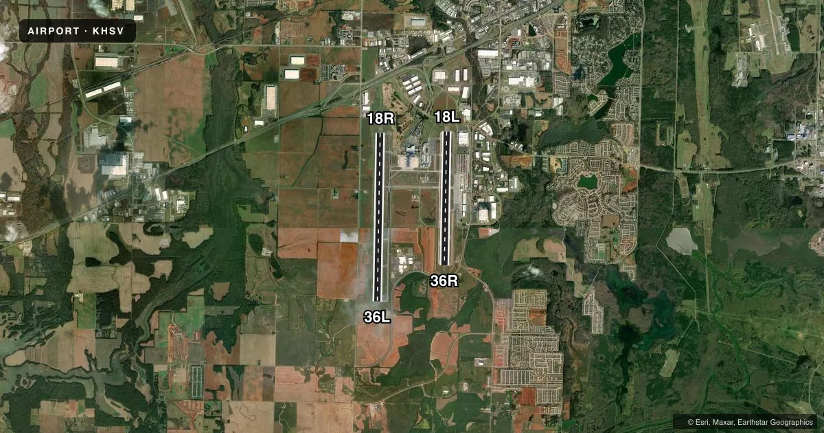 Top-down satellite sketch of KHSV HUNTSVILLE INTL-CARL T JONES FLD in HUNTSVILLE, ALABAMA, showing runways 18R/36L, 18L/36R drawn to scale over Esri World Imagery