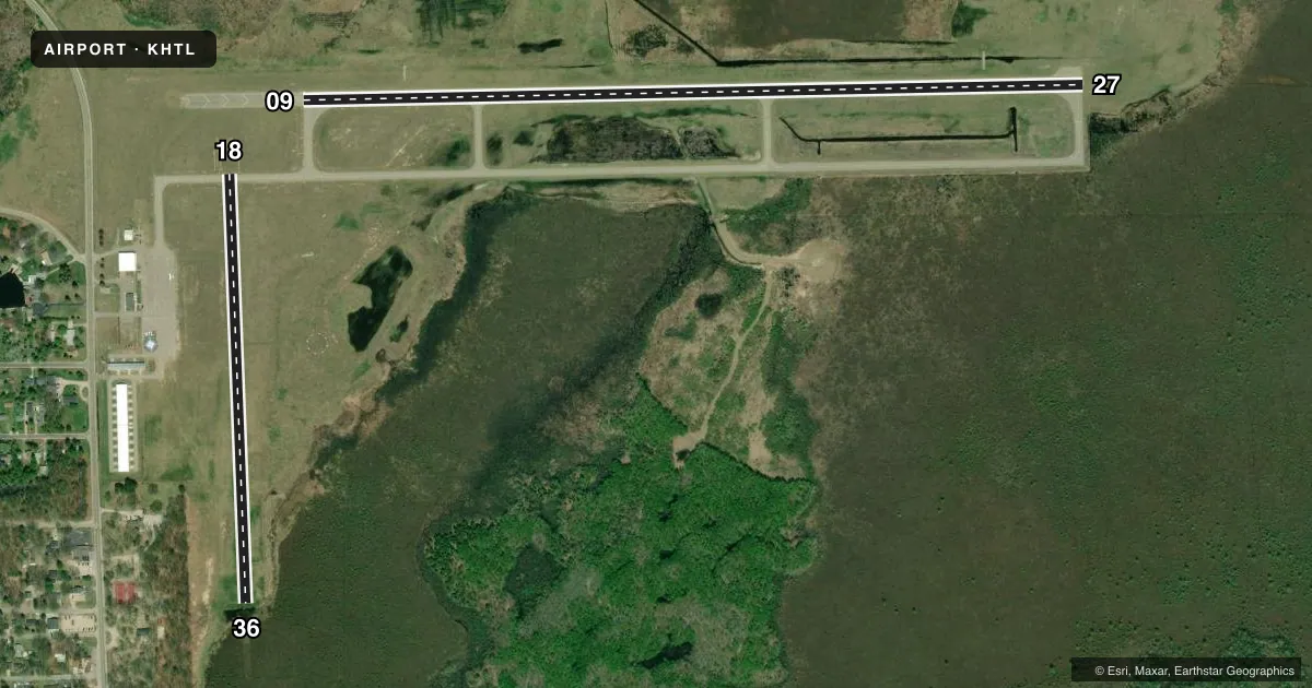 Top-down satellite sketch of KHTL ROSCOMMON COUNTY/BLODGETT MEML in HOUGHTON LAKE, MICHIGAN, showing runways 09/27, 18/36 drawn to scale over Esri World Imagery