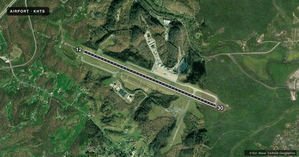 Top-down satellite sketch of KHTS TRI-STATE/MILTON J FERGUSON FLD in HUNTINGTON, WEST VIRGINIA, showing runways 12/30 drawn to scale over Esri World Imagery