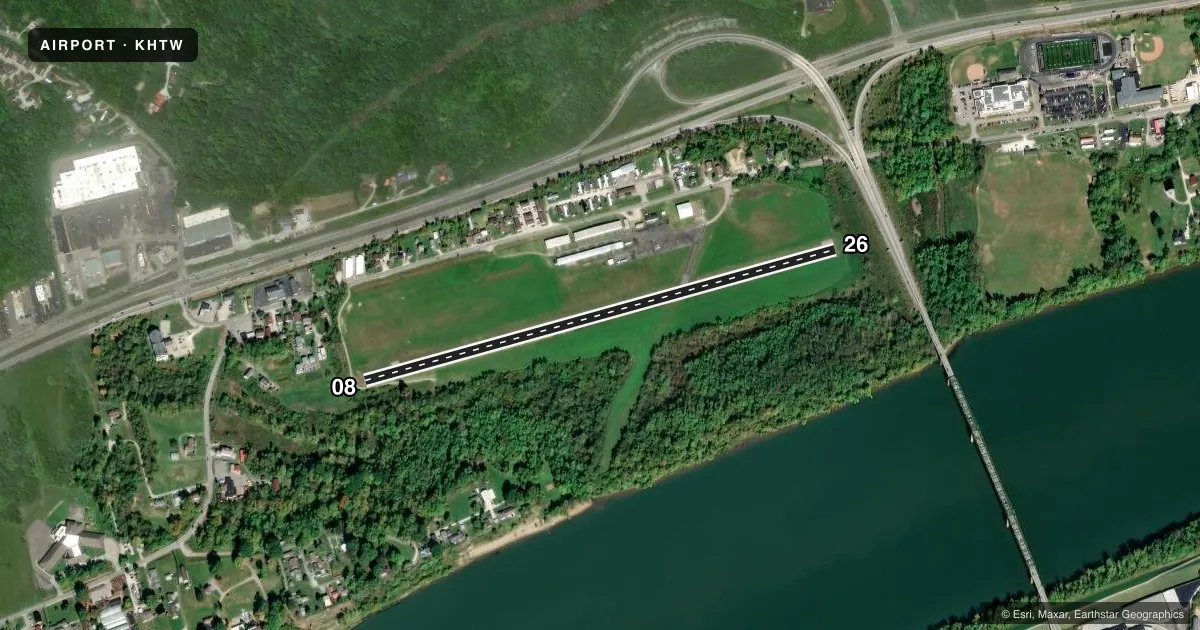 Top-down satellite sketch of KHTW LAWRENCE COUNTY AIRPARK in CHESAPEAKE/HUNTINGTON WVA, OHIO, showing runways 08/26 drawn to scale over Esri World Imagery
