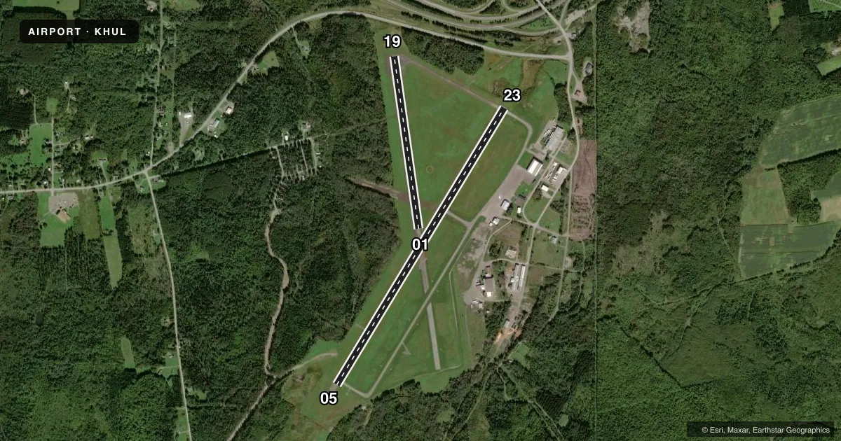 Top-down satellite sketch of KHUL HOULTON INTL in HOULTON, MAINE, showing runways 05/23, 01/19 drawn to scale over Esri World Imagery