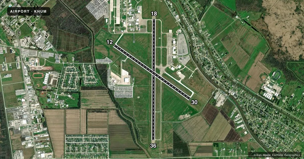 Top-down satellite sketch of KHUM HOUMA-TERREBONNE in HOUMA, LOUISIANA, showing runways 18/36, 12/30 drawn to scale over Esri World Imagery