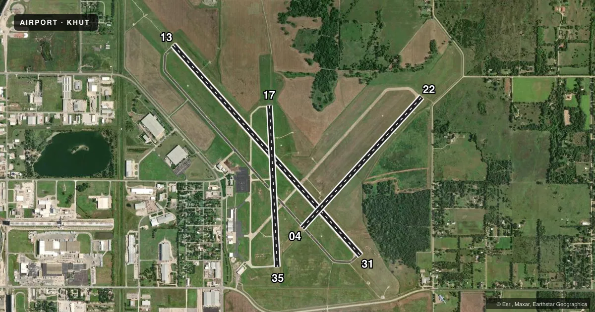 Top-down satellite sketch of KHUT HUTCHINSON RGNL in HUTCHINSON, KANSAS, showing runways 13/31, 04/22, 17/35 drawn to scale over Esri World Imagery