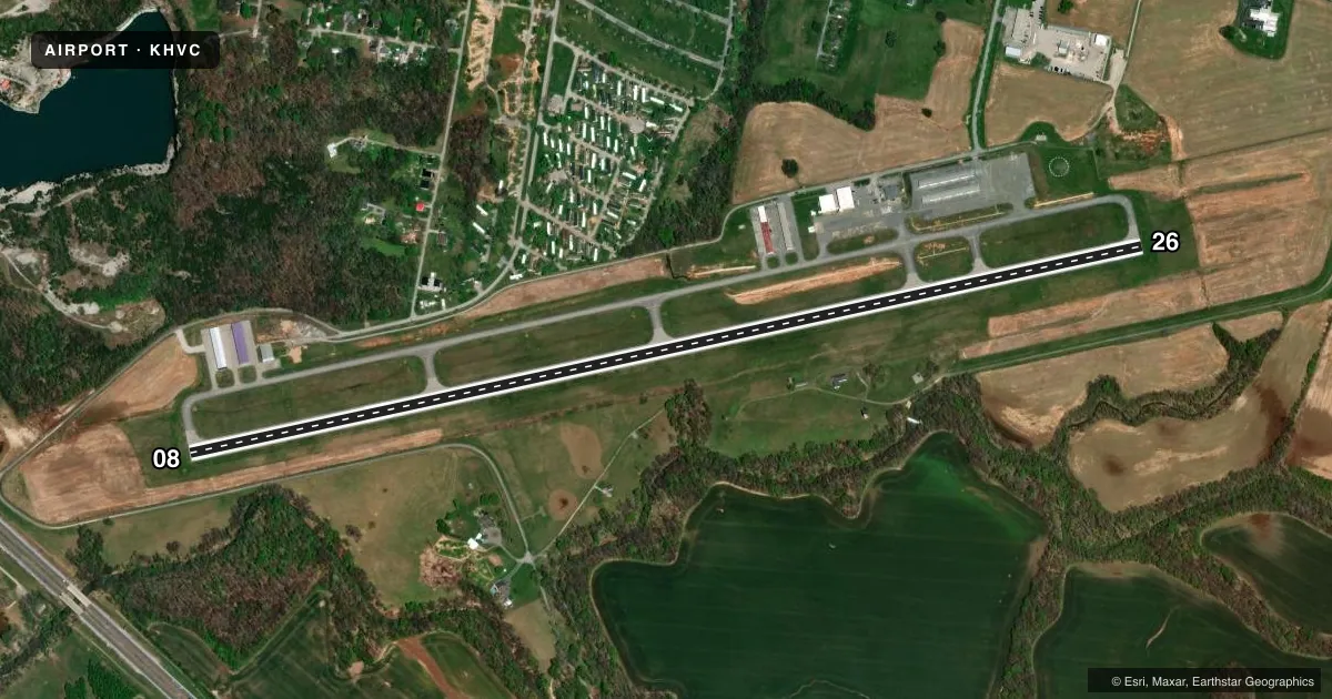 Top-down satellite sketch of KHVC HOPKINSVILLE-CHRISTIAN COUNTY in HOPKINSVILLE, KENTUCKY, showing runways 08/26 drawn to scale over Esri World Imagery