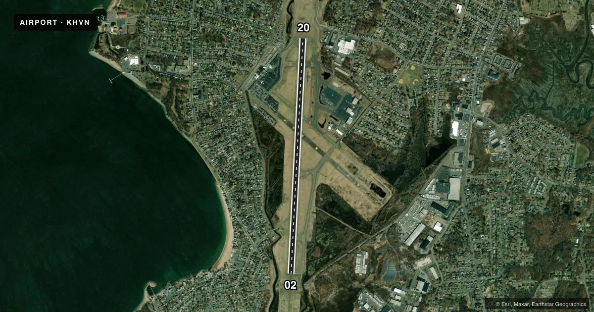Top-down satellite sketch of KHVN TWEED/NEW HAVEN in NEW HAVEN, CONNECTICUT, showing runways 02/20 drawn to scale over Esri World Imagery